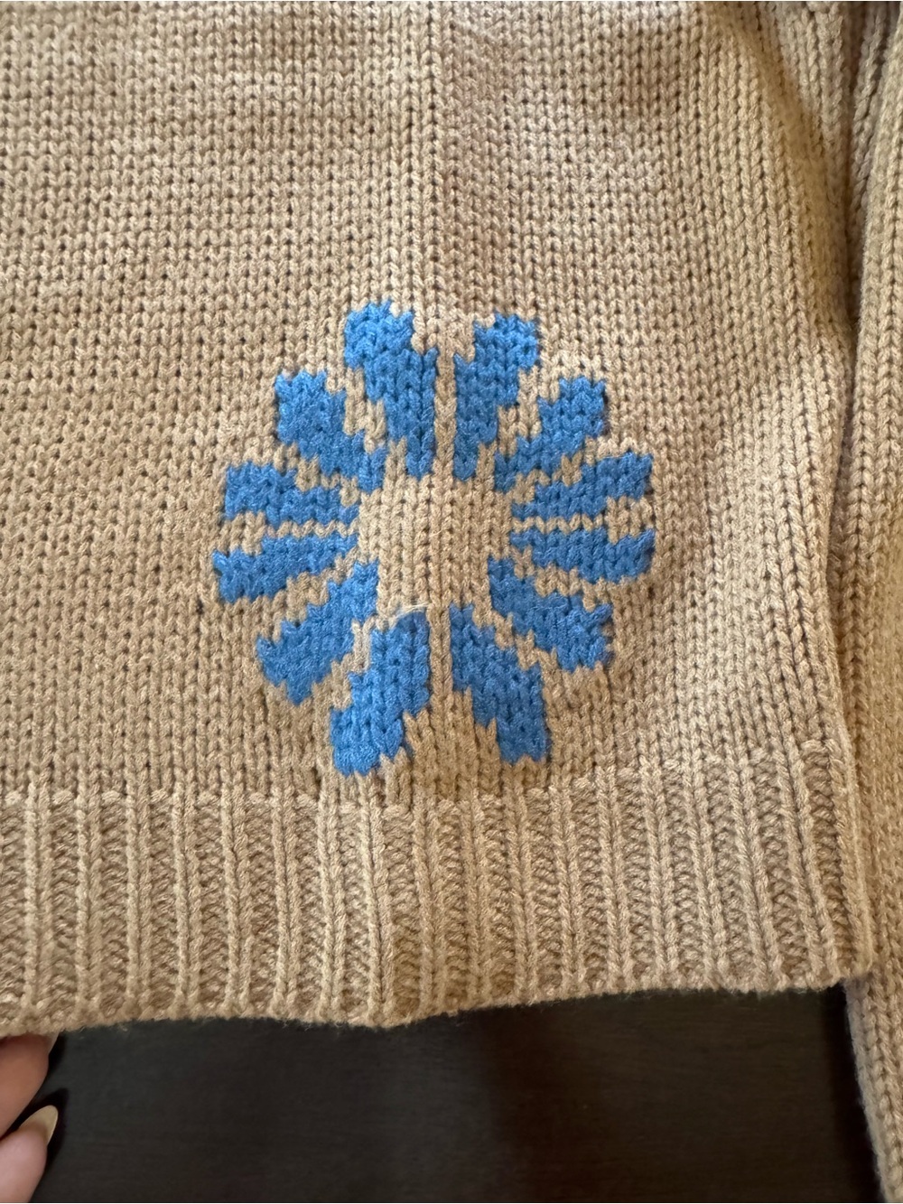 Women's tan Cowl-Neck Sweater with Blue Floral Motif - Picture 3 of 8